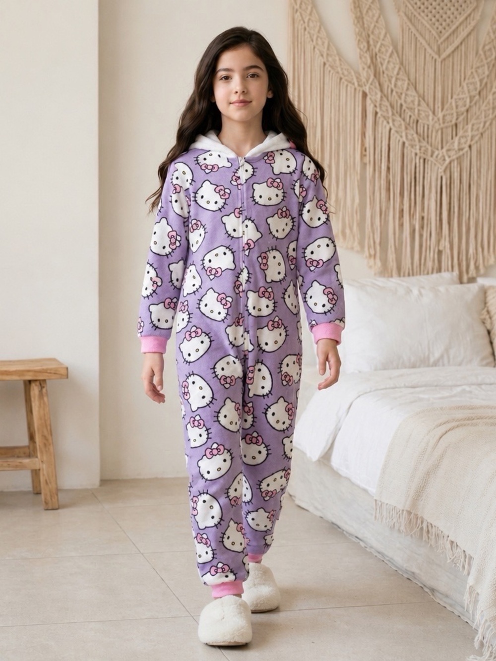 Hello Kitty Sanrio Purple Kids One-Piece Fleece Pajamas with Hood Size L(10/12)
